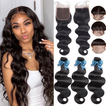 Load image into Gallery viewer, Brazilian Hair Body Wave 3 Bundles With Closure Human Hair Bundles With Closure Lace Closure Remy Human Hair Extension