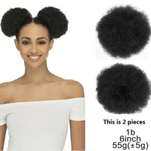 Load image into Gallery viewer, High Puff Afro Curly Wig Ponytail Drawstring, Short Afro Kinky Pony Tail, Clip on Synthetic Kinky Curly Hair Bun
