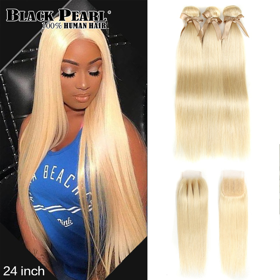 Blonde Bundles With Closure, Brazilian Remy Straight Human Hair, Bundles With Closure Free UK Shipping