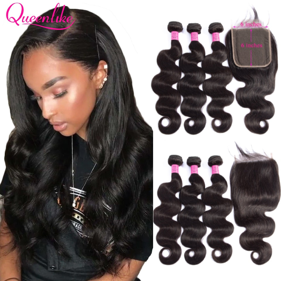 Closure And Bundles, Brazilian Body Wave With 6*6 Lace Closure, Remy 3 Human Hair Bundles With Closure