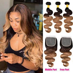 Ombre Human Hair Body Wave 3 4 Bundles With Closure, Remy Brazilian Hair Weave Bundles With Closure