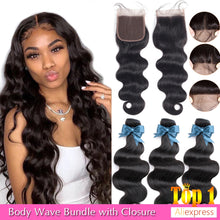 Load image into Gallery viewer, Brazilian Hair Body Wave 3 Bundles With Closure Human Hair Bundles With Closure Lace Closure Remy Human Hair Extension
