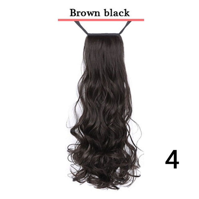 Long Ponytail Synthetic Hairpiece, Wrap on Clip Hair Extensions, Wavy Pony Tail Brown Black