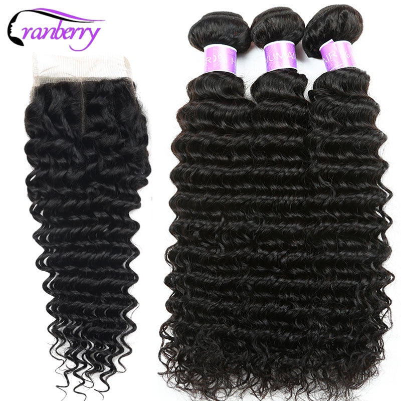 Deep Wave Human Hair Bundles With Closure, 4 pcs/lot Brazilian Hair Weave Bundles With Closure, Remy Hair Extension