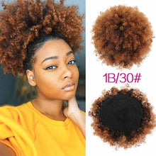 Load image into Gallery viewer, High Puff Afro Curly Wig Ponytail Drawstring, Short Afro Kinky Pony Tail Clip on, Synthetic Curly Hair Bun Made of Kanekalon
