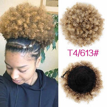 Load image into Gallery viewer, High Puff Afro Curly Wig Ponytail Drawstring, Short Afro Kinky Pony Tail Clip on, Synthetic Curly Hair Bun Made of Kanekalon
